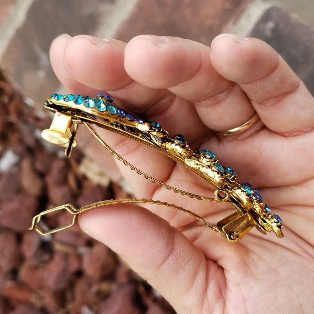 Vintage Womens Hair Barrette Peacock Rhinestone Hair Clip Victorian Timeless - Picture 5 of 13